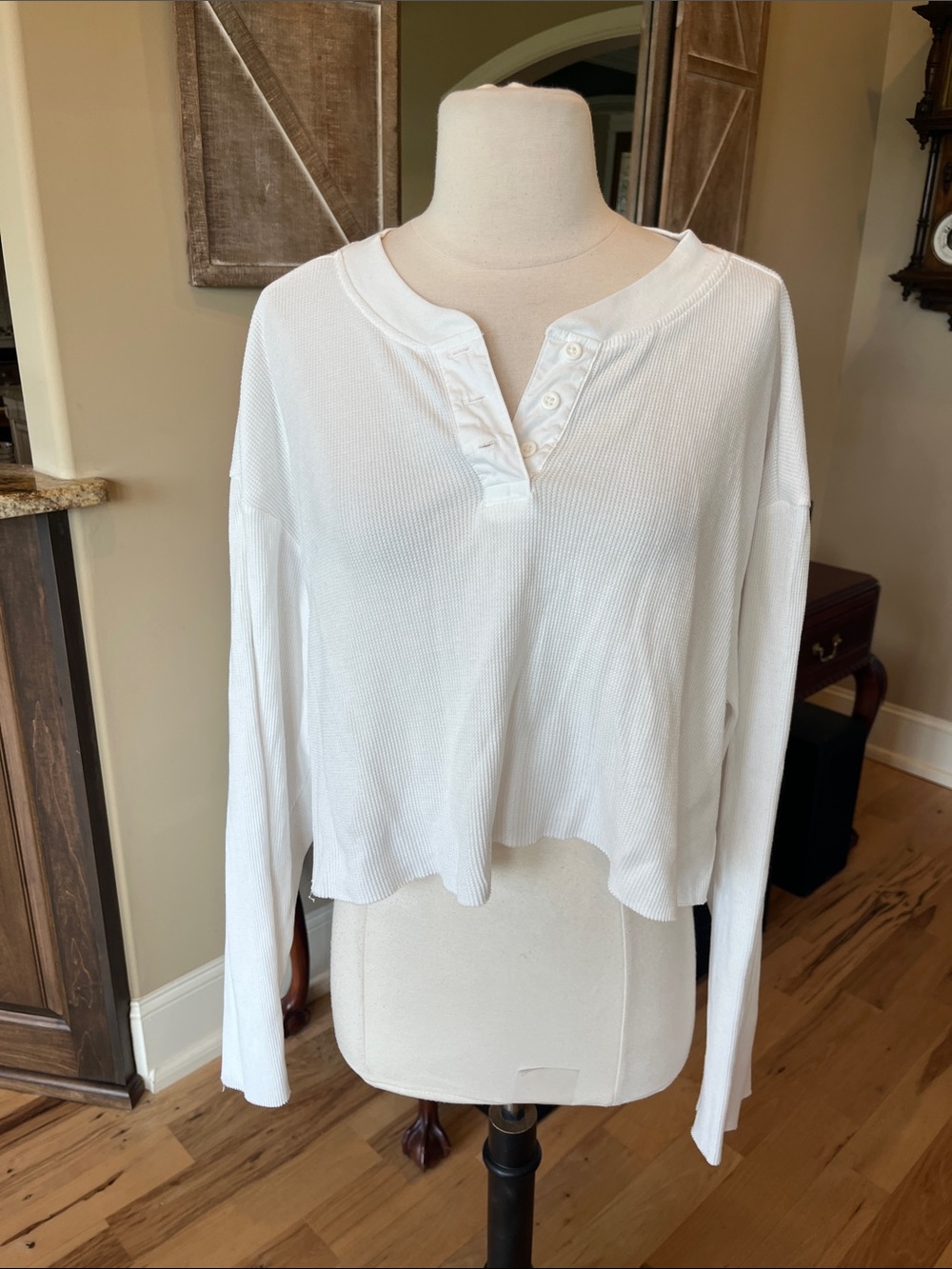 BP White Women's Cotton Waffle Long Sleeve Cropped